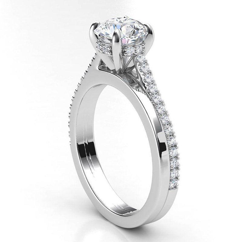 Calida in Platinum - Unique double band, round diamond halo engagement ring. Side view showing its intricate detail.