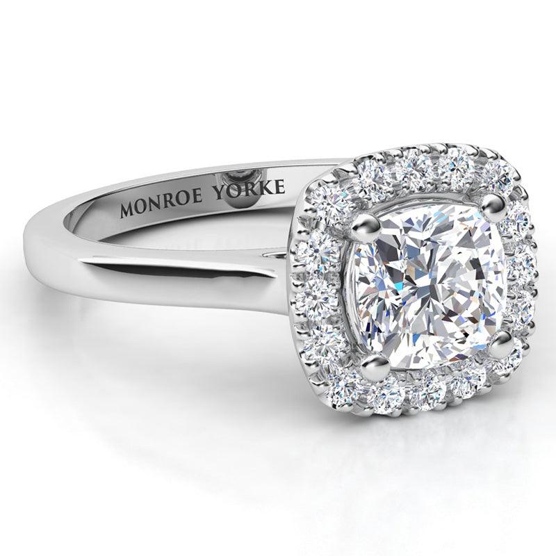 Cushion Cut Halo Diamond Ring - Plain Band - Carina. White gold