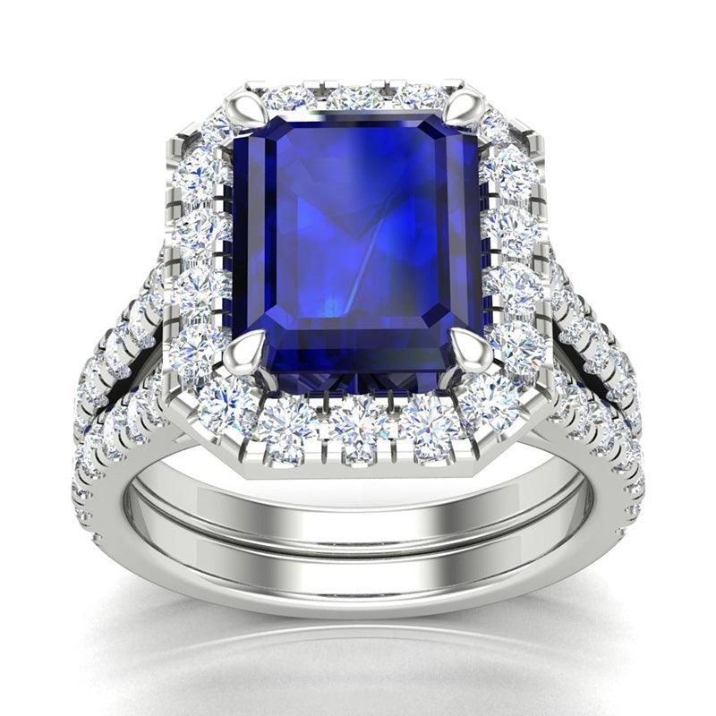Carmel Emerald Cut Ceylon Blue Sapphire and Diamond Halo Ring