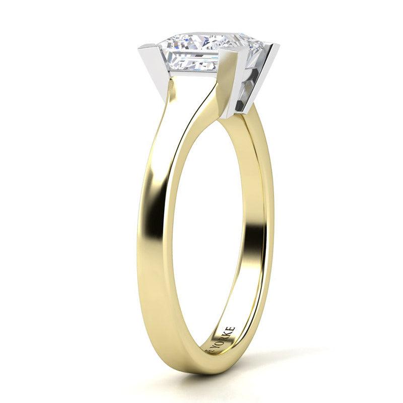 Side view 2 Princess cut diamond solitaire ring.  Yellow gold band and white gold centre setting.  Chester