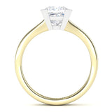 Side view showing the beautiful centre setting. Princess cut diamond solitaire ring.  Yellow gold band and white gold centre setting.