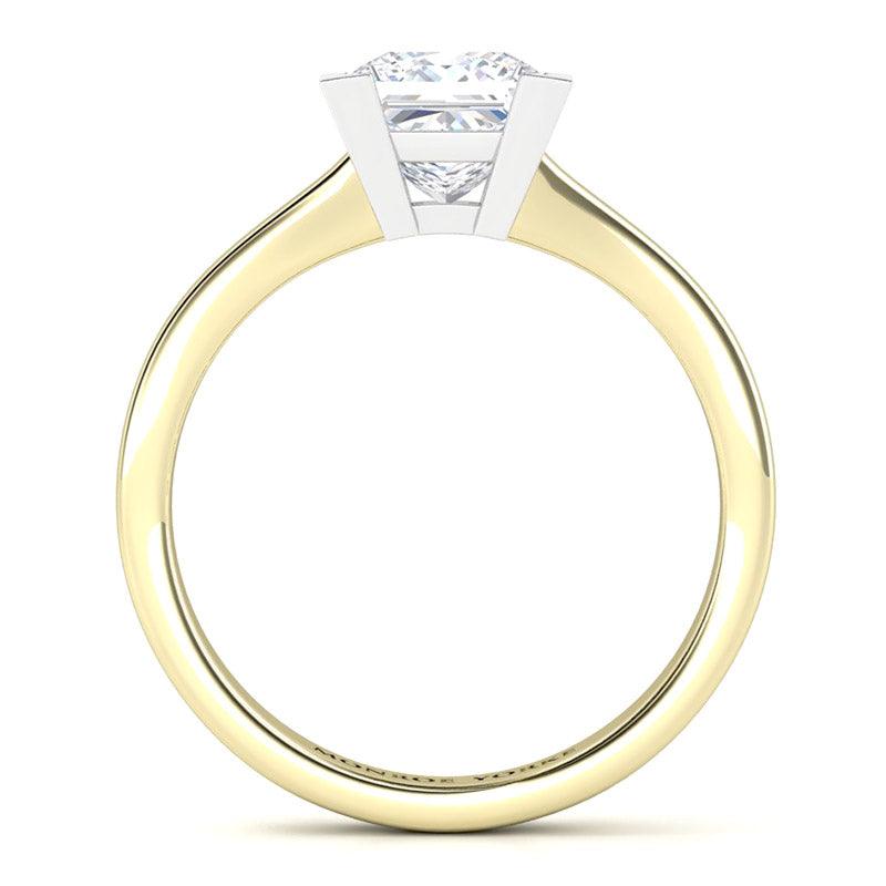 Side view showing the beautiful centre setting. Princess cut diamond solitaire ring.  Yellow gold band and white gold centre setting.