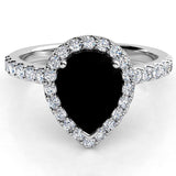Ciara in platinum - Pear cut black diamond halo engagement ring with side diamonds.