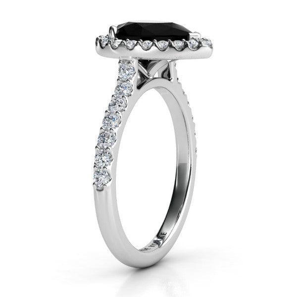 Ciara Platinum - pear halo black diamond  side view showing the beauty of the centre setting and diamonds down the sweep up band.
