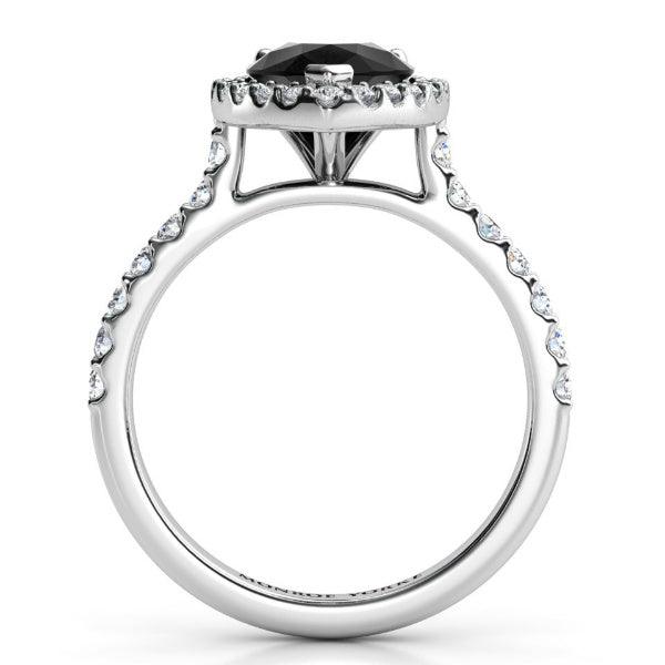 Ciara pear halo in platinum, black diamond  ring side view 2, showing the beautiful centre setting