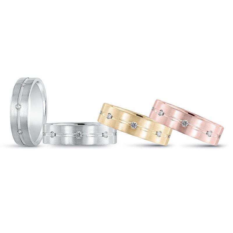 Costin men’s wedding ring blends elegant style with masterful craftsmanship. Brushed metal. Available in white gold, yellow gold, rose gold or platinum — view 1