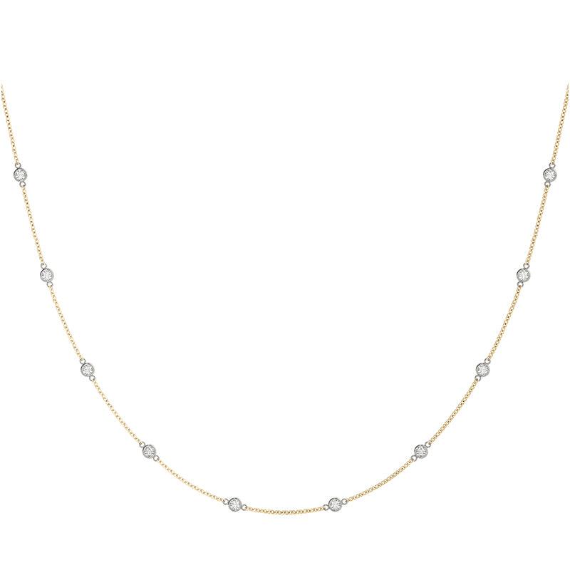 Diamond station necklace in yellow gold chain, white gold setting. — view 3