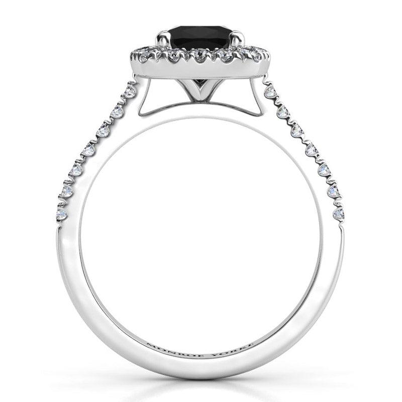 Darcie Black Diamond Cushion Halo Ring Side view 2 showing beautiful centre halo setting and diamonds down the band