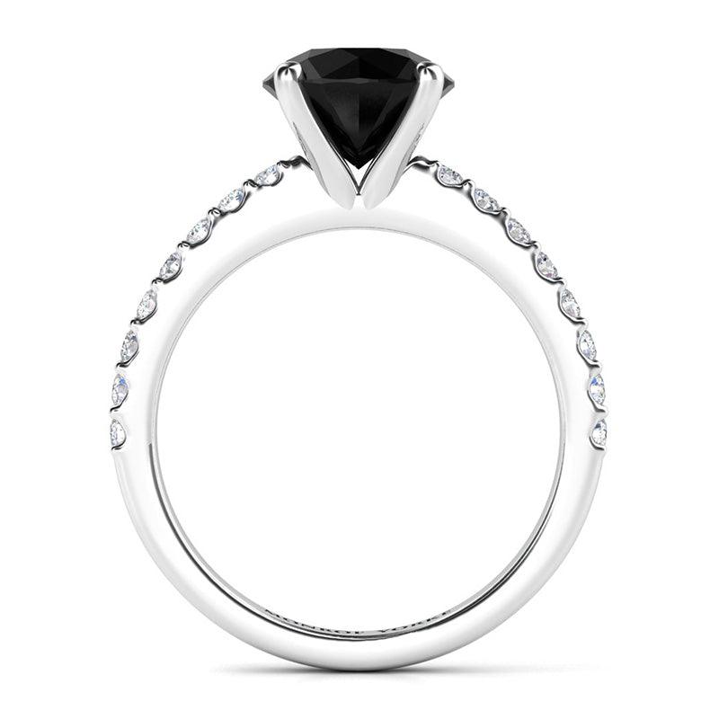 Desir Black Diamond Engagement Ring with white diamonds on the band. White gold or platinum. Side View