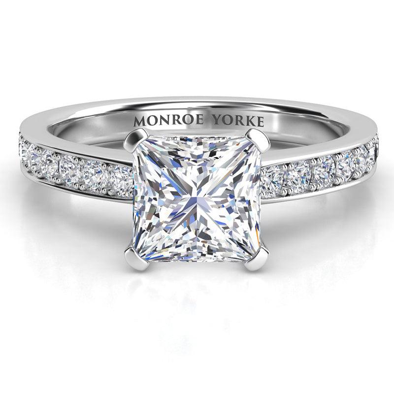 Fifth Avenue - GIA certified square princess cut diamond engagement ring with round diamonds on the band. Platinum band and setting — view 1