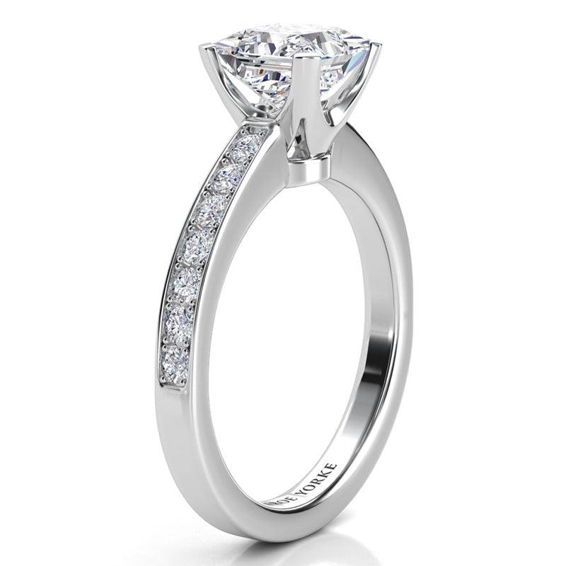 Fifth Avenue - Side view showing princess cut diamond in a beautiful setting. with pave set round diamonds on the sweep up band. Platinum band and setting — view 4