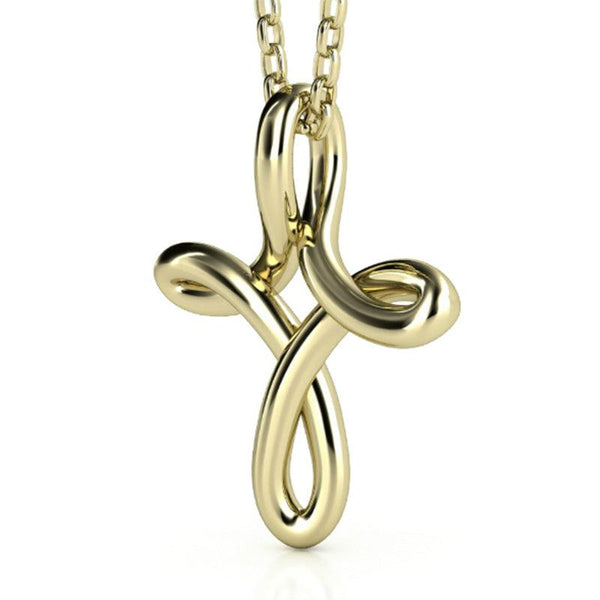 Fluid Wire Cross Pendant in yellow gold, side view.