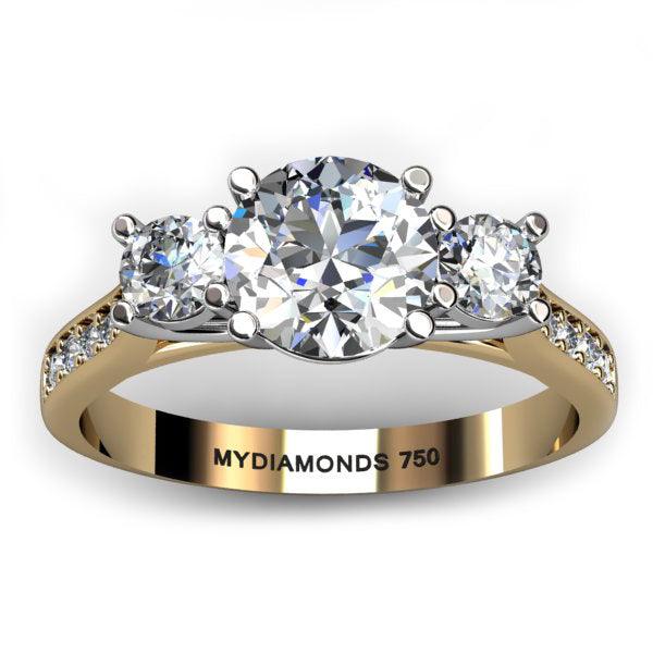 Forever - three stone ring / trilogy diamond ring. Gold band and white gold setting — view 2