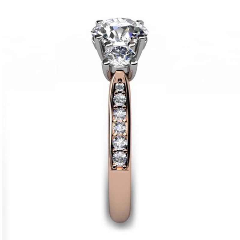 Forever - 18ct Rose Gold Diamond Trilogy, Three Stone Ring. Side view showing diamonds on the sweep up band. — view 5