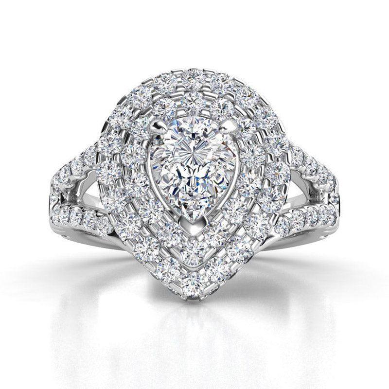 Gilana White Gold - Pear cut diamond, double halo ring with diamonds on the side of the halo and diamond on the band.