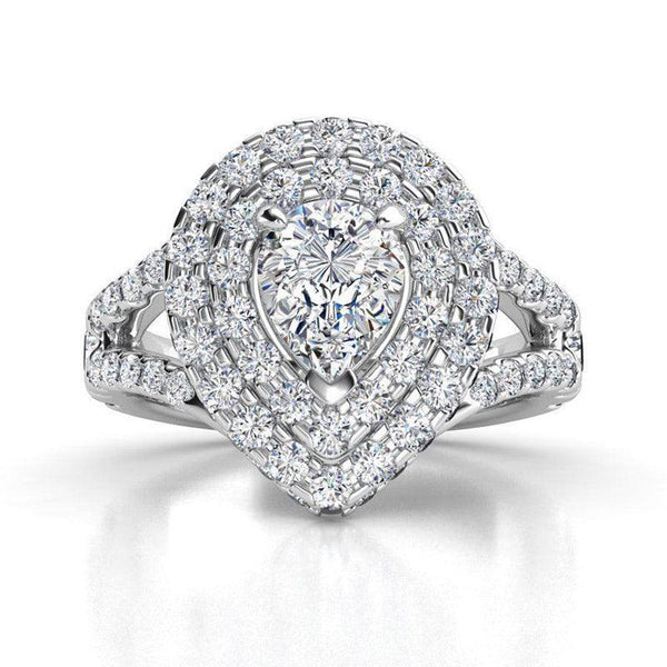 Gilana Pear cut diamond ring in platinum, double halo ring with diamonds on the side of the halo and diamond on the band.