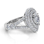 Gilana - Pear cut diamond, double halo ring. Side view. showing the beautiful detail of this ring.