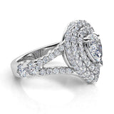 Gilana - Pear cut diamond, double halo ring. Side view. showing the beautiful detail of this ring.