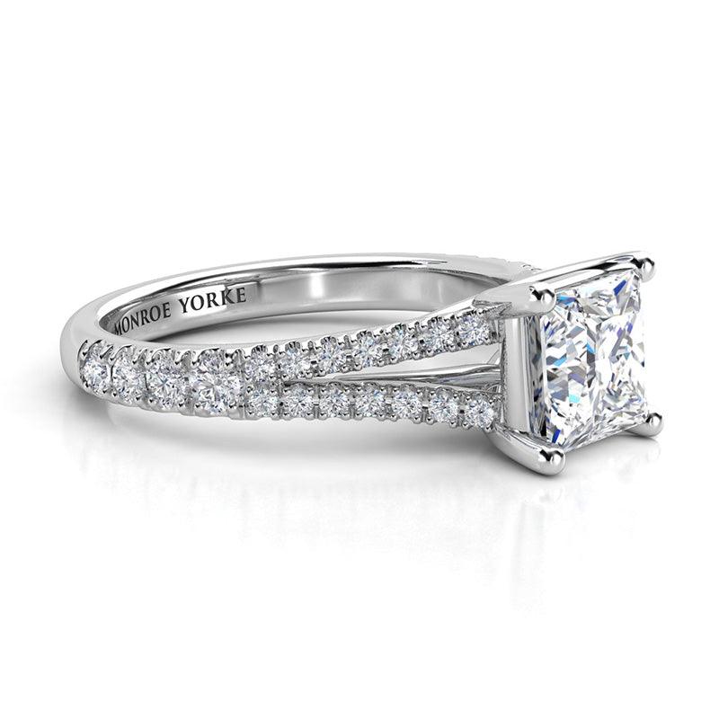 Gemma - Platinum princess cut diamond engagement ring. Side view showing split band — view 3