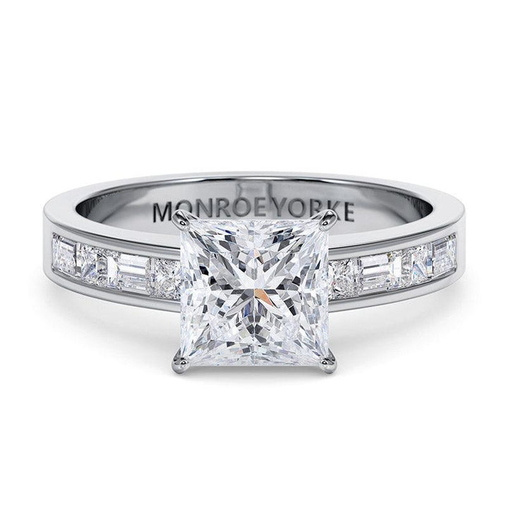 The famous grazia princess cut diamond engagement ring. Premium GIA certified princess cut diamond. Alternating princess & baguette cut diamonds on the shoulders