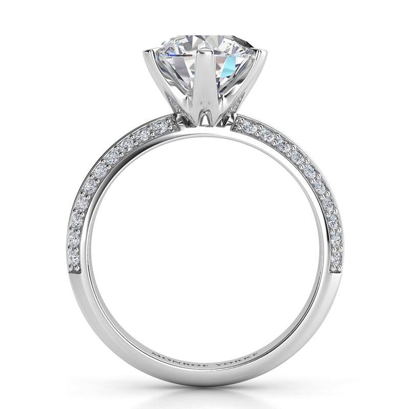 Juliet White Gold.  Round diamond engagement Ring. Side view showing beautiful 6-claw centre setting.
