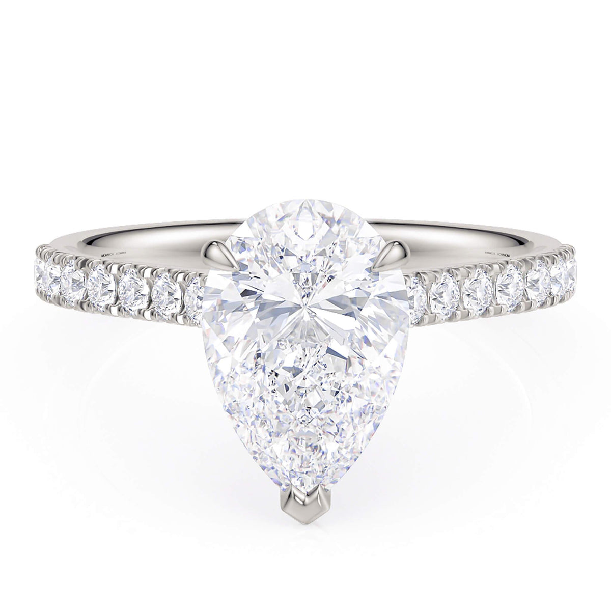 Karly - Pear Cut Diamond Engagement Ring with diamonds on the band. White Gold & Platinum. Top view — view 3