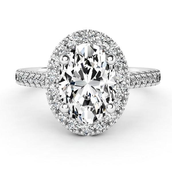 Oval Cut Diamond Ring with a Diamond Halo, created in white gold — view 1