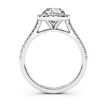 Laurel Oval Diamond Ring Side View, showing halo setting. Created in white gold