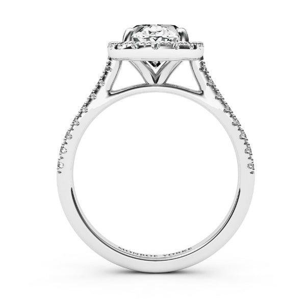 Laurel Oval Diamond Ring Side View, showing halo setting. Created in white gold