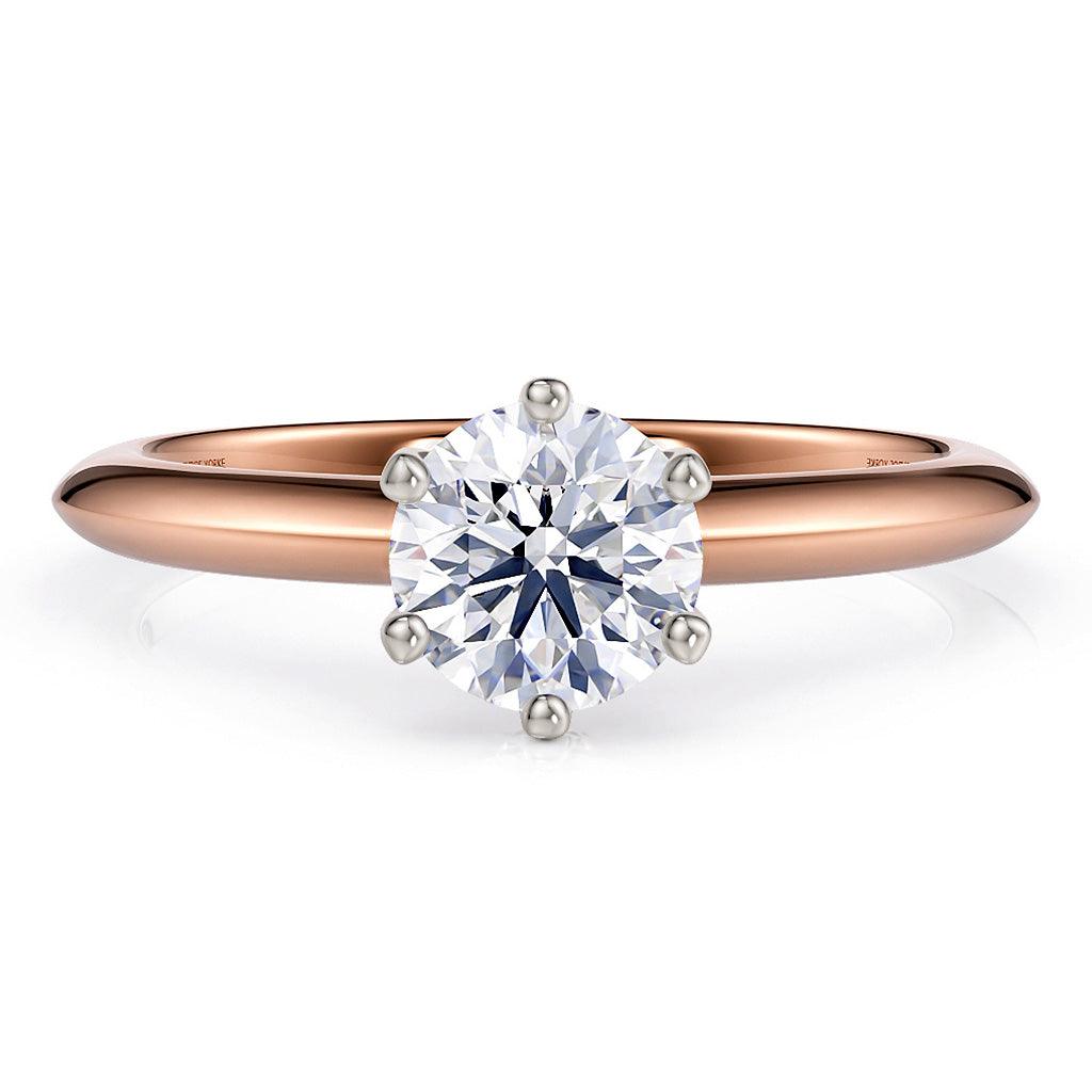 1.00 carat lab created diamond ring in rose gold. 18ct rose gold band with a knife edge.  Centre 6 claw setting with a round lab grown diamond