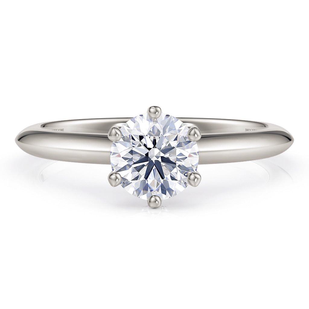top view of Love one carat solitaire lab grown diamond ring.  6 claw centre setting and knife edge band.  18ct white gold, silver or platinum band