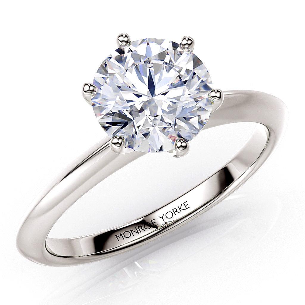 Top view - 1.50 carat round lab grown / lab created diamond. Beautiful knife edge band.  Centre diamond in a 6 claw setting.