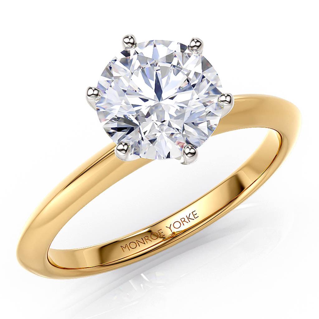 1.50 carat lab grown diamond ring in yellow gold.  Gold band, knife edge band. Centre 1.50 carat round lab created diamond in a 6 claw setting. 