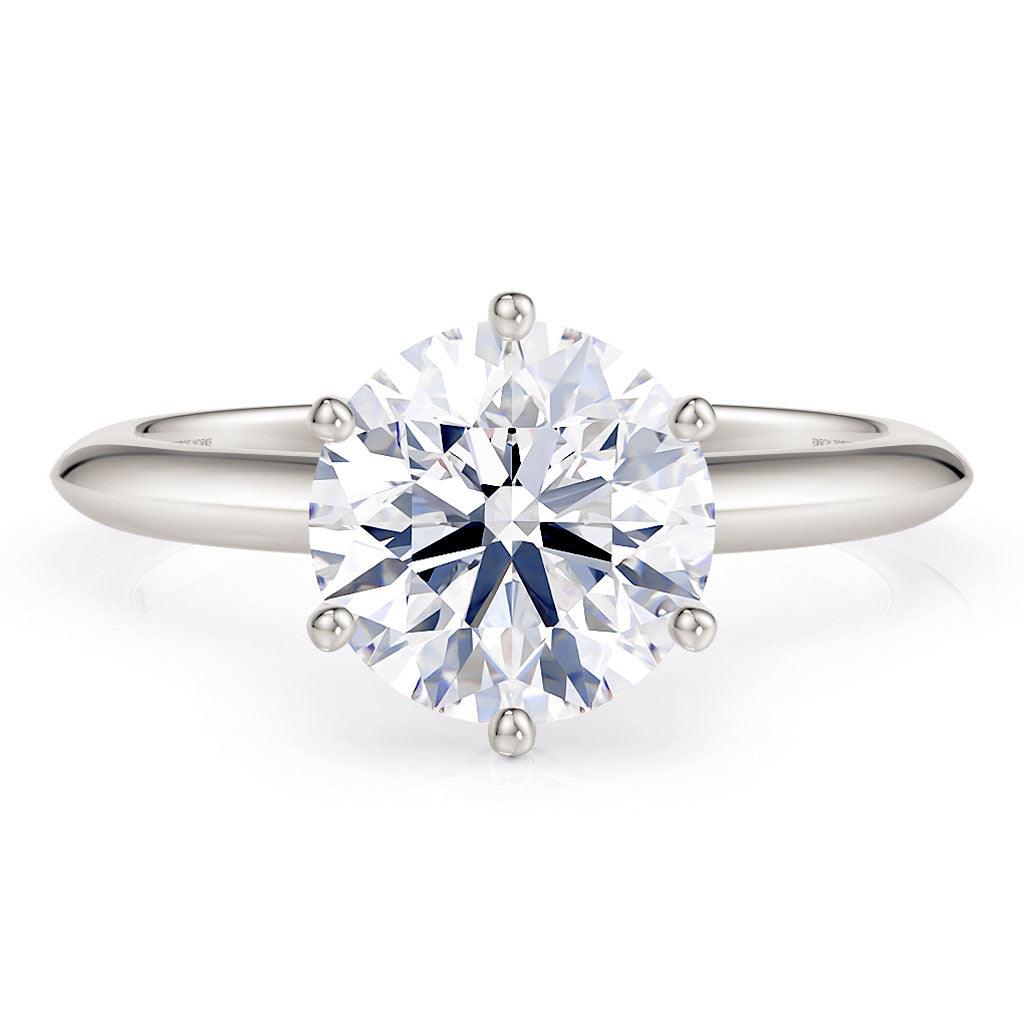 2.0 carat lab grown diamond on a knife edge white gold band. 18ct white gold or platinum band. Centre lab grown diamond in a 6 claw setting.