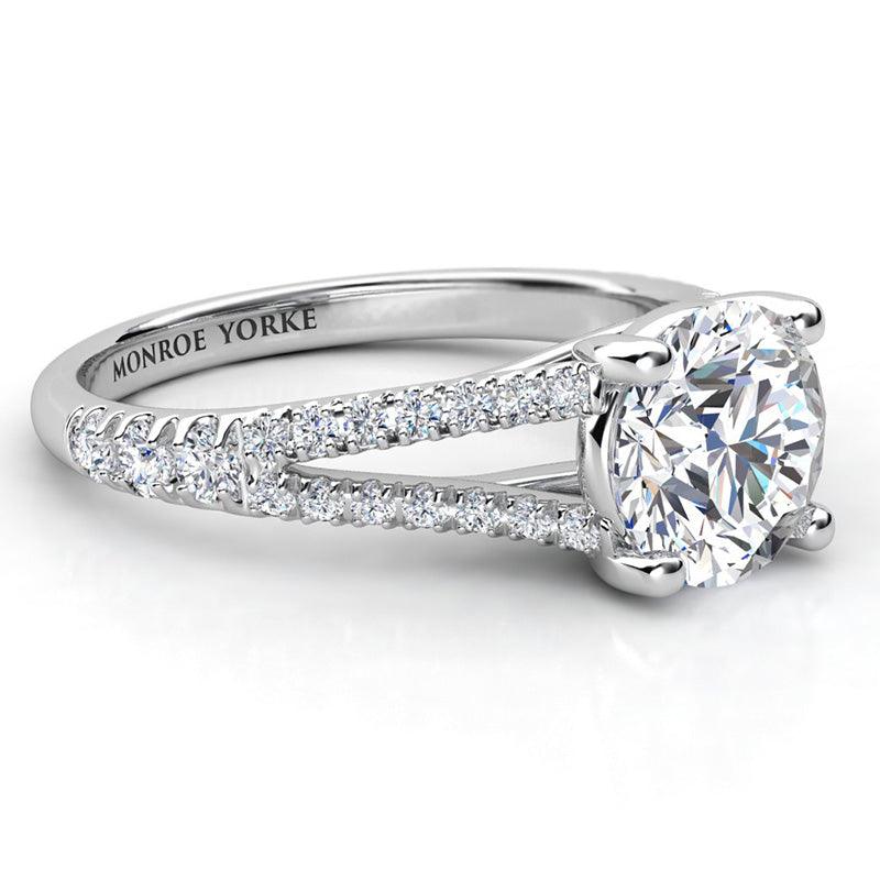 Pave set diamonds on a split band - Round Diamond Engagement Ring - Cora in Platinum — view 4