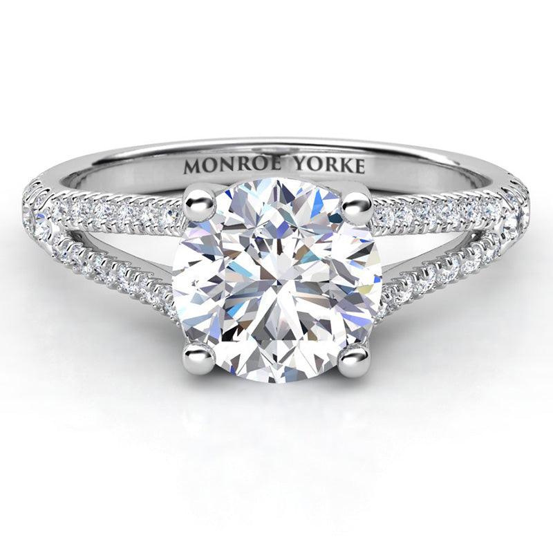 Split band diamond engagement ring with diamond set band. Cora in platinum — view 3