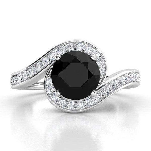 Unique black diamond halo engagement ring in platinum. White diamond set platinum band wraps the centre black diamond. Miranda