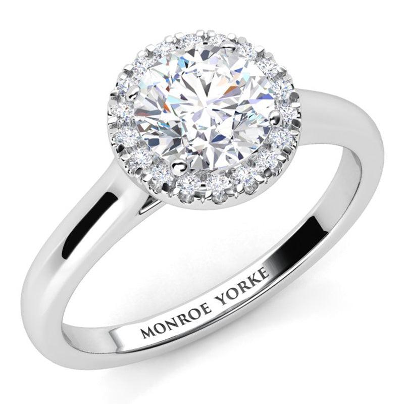 Oasis - GIA certified Round Diamond Halo Engagement Ring. White gold