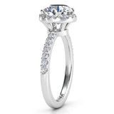 Unique Diamond Halo Ring. Orion. Side View showing the beautiful detail of this design.  White gold