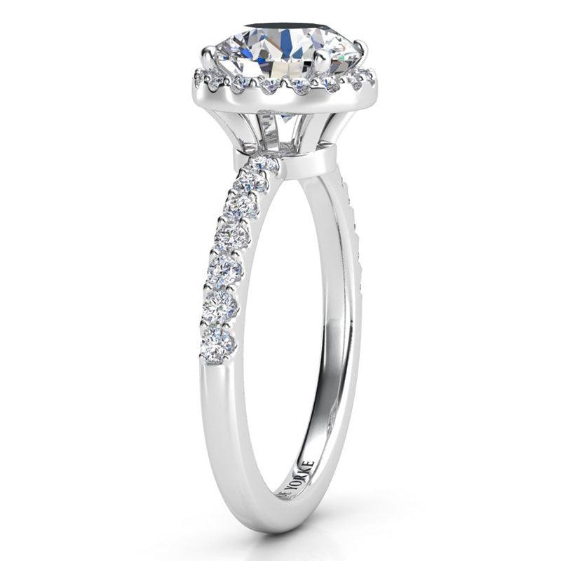 Unique Diamond Halo Ring in platinum. Orion. Side View showing the beautiful detail of this design. — view 4