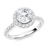 Paris - halo round diamond engagement ring with diamonds down the band. White gold 