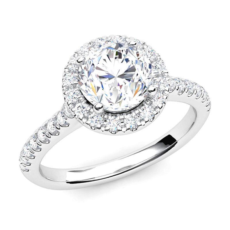 Paris - halo round diamond engagement ring with diamonds down the band. White gold 
