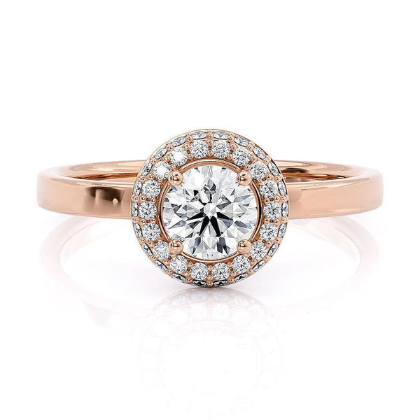 Roma - Double Row Halo, Curved halo. Centre round diamond. Flat band. Rose Gold