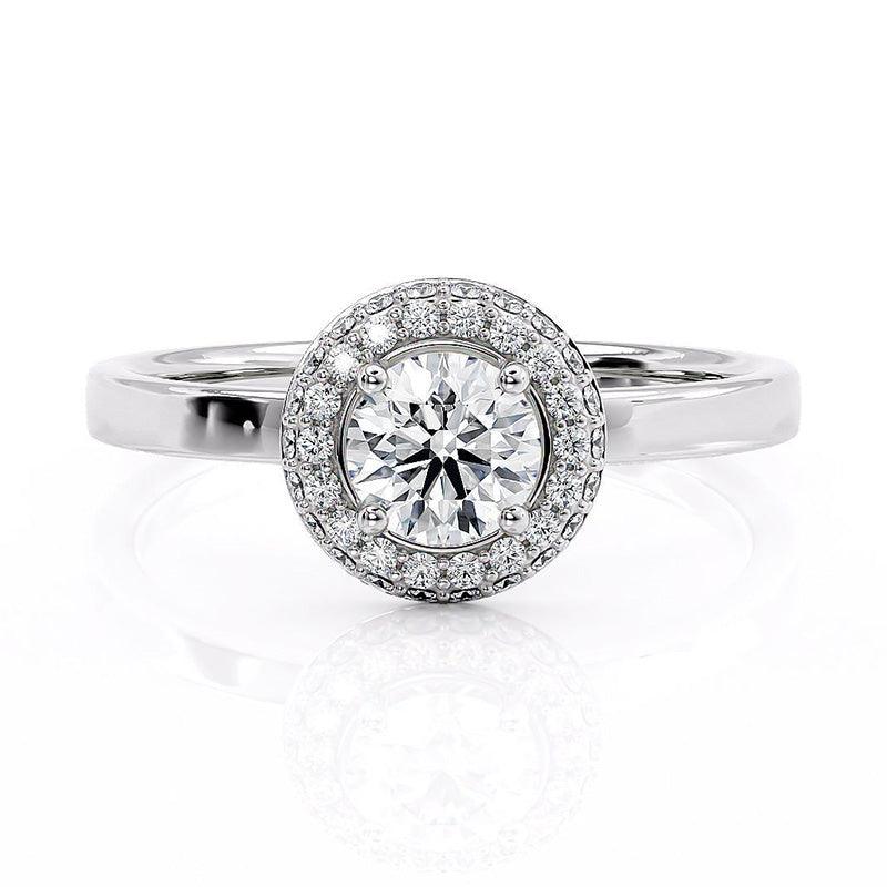 Roma - Double Row Halo, Curved halo. Centre round diamond. Flat band. White gold or platinum — view 1