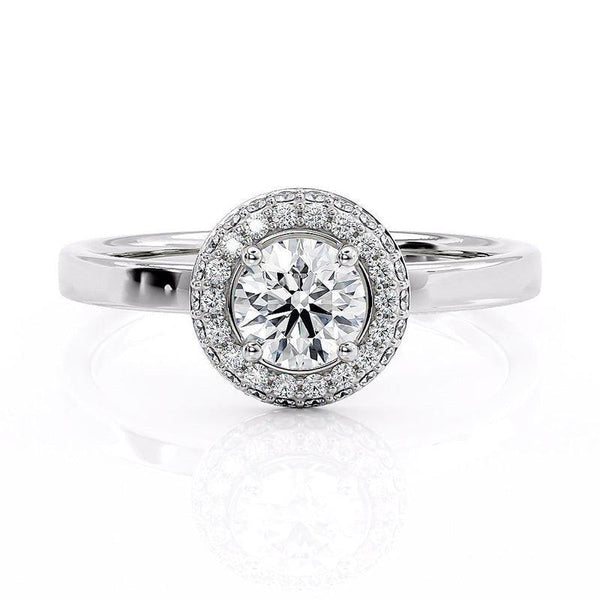Roma - Double Row Halo, Curved halo. Centre round diamond. Flat band. White gold or platinum