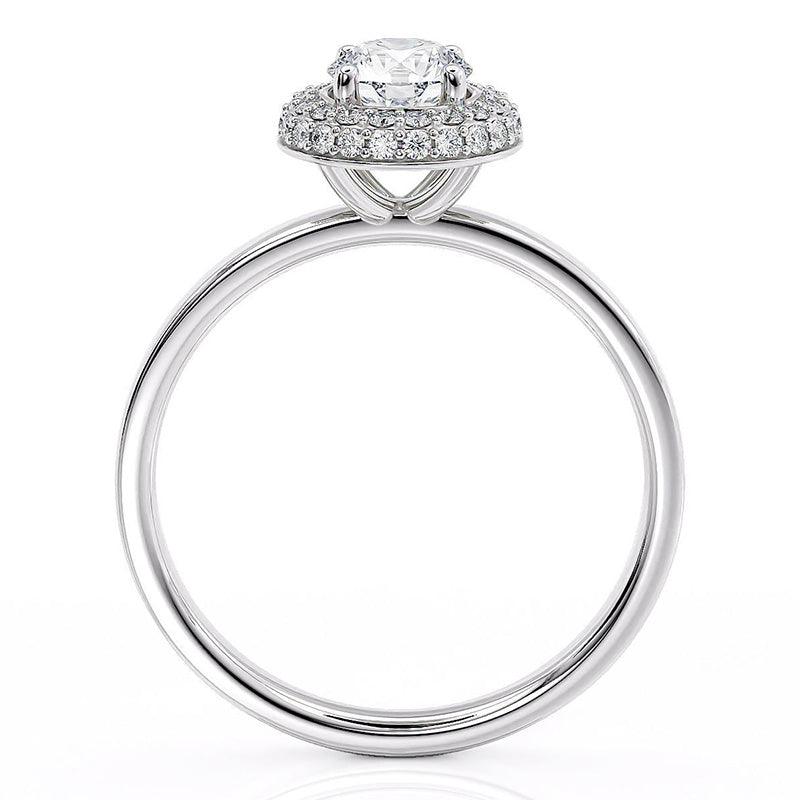 Roma - Double Row Halo, Curved halo. Centre round diamond. White gold or platinum. Side view — view 3