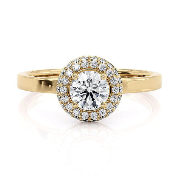 Roma - Double Row Halo, Curved halo. Centre round diamond. Flat band. Yellow Gold