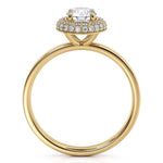 Roma - Double Row Halo, Curved halo. Centre round diamond.  Yellow Gold. Side view 2
