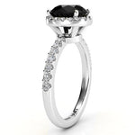 Sasha - Side view showing: Black Diamond ring with a unique halo set just under the main diamond.