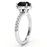 Sasha - Side view showing: Black Diamond ring with a unique halo set just under the main diamond.